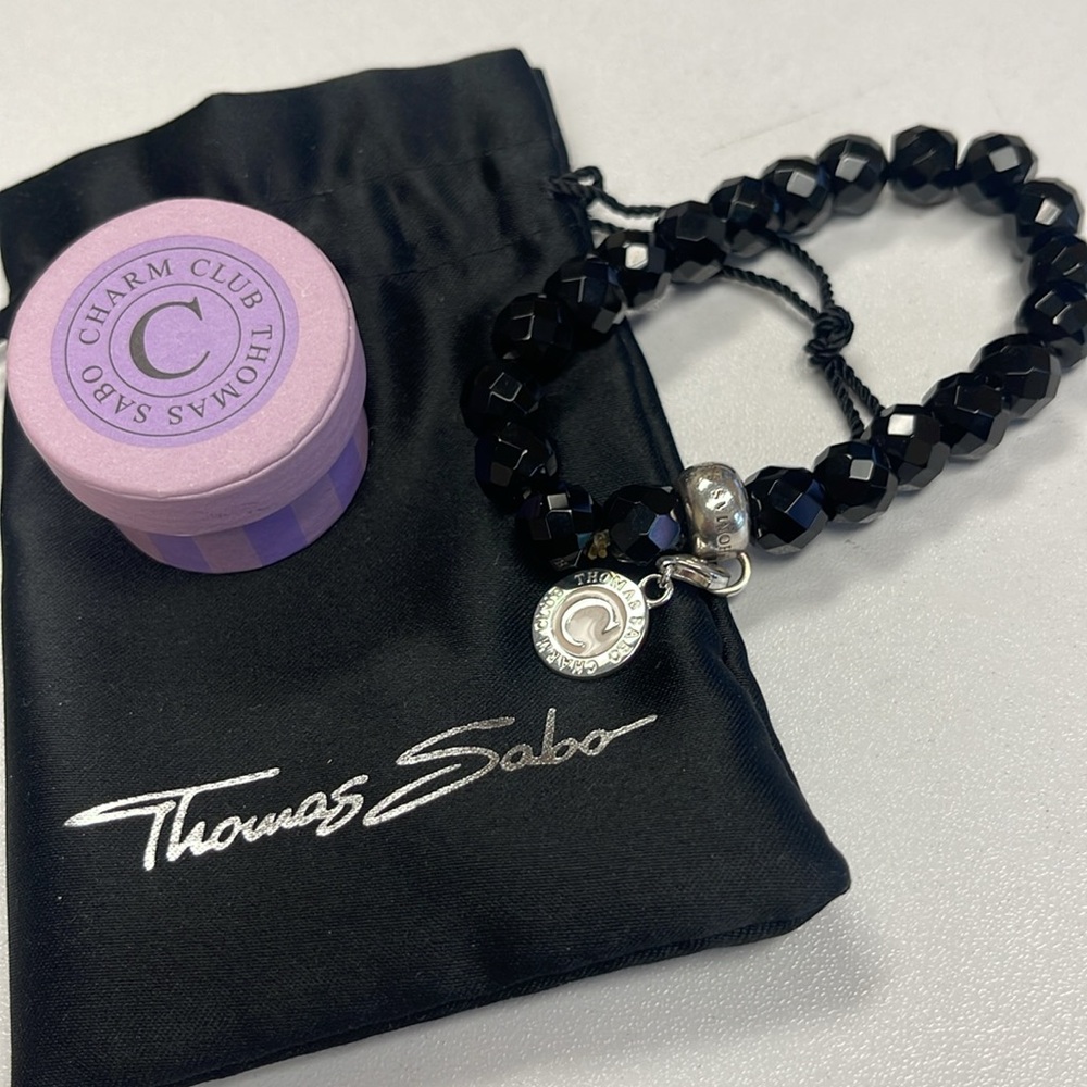 Thomas Sabo Charm bracelet w/black obsidian beads & coin charm-925 7” diameter